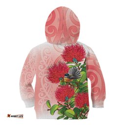 New Zealand Fantail Kid Hoodie Maori Koru With Pohutukawa Flowers LT05