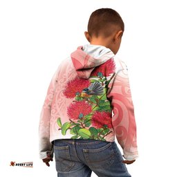 New Zealand Fantail Kid Hoodie Maori Koru With Pohutukawa Flowers LT05