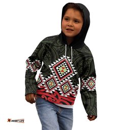 Kia Ora Aotearoa Kid Hoodie 2025 Pasifika Maori Taniko Motifs LT14
