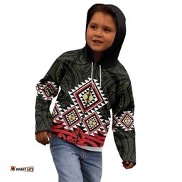 Kia Ora Aotearoa Kid Hoodie 2025 Pasifika Maori Taniko Motifs LT14
