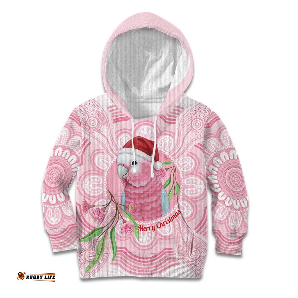 Funny Pink Galah Australia Christmas Kid Hoodie Eucalyptus Blossoms Aboriginal Art LT14