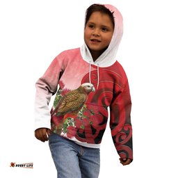 New Zealand Parrot Kaka Kid Hoodie Maori Koru With Pohutukawa Flowers LT05