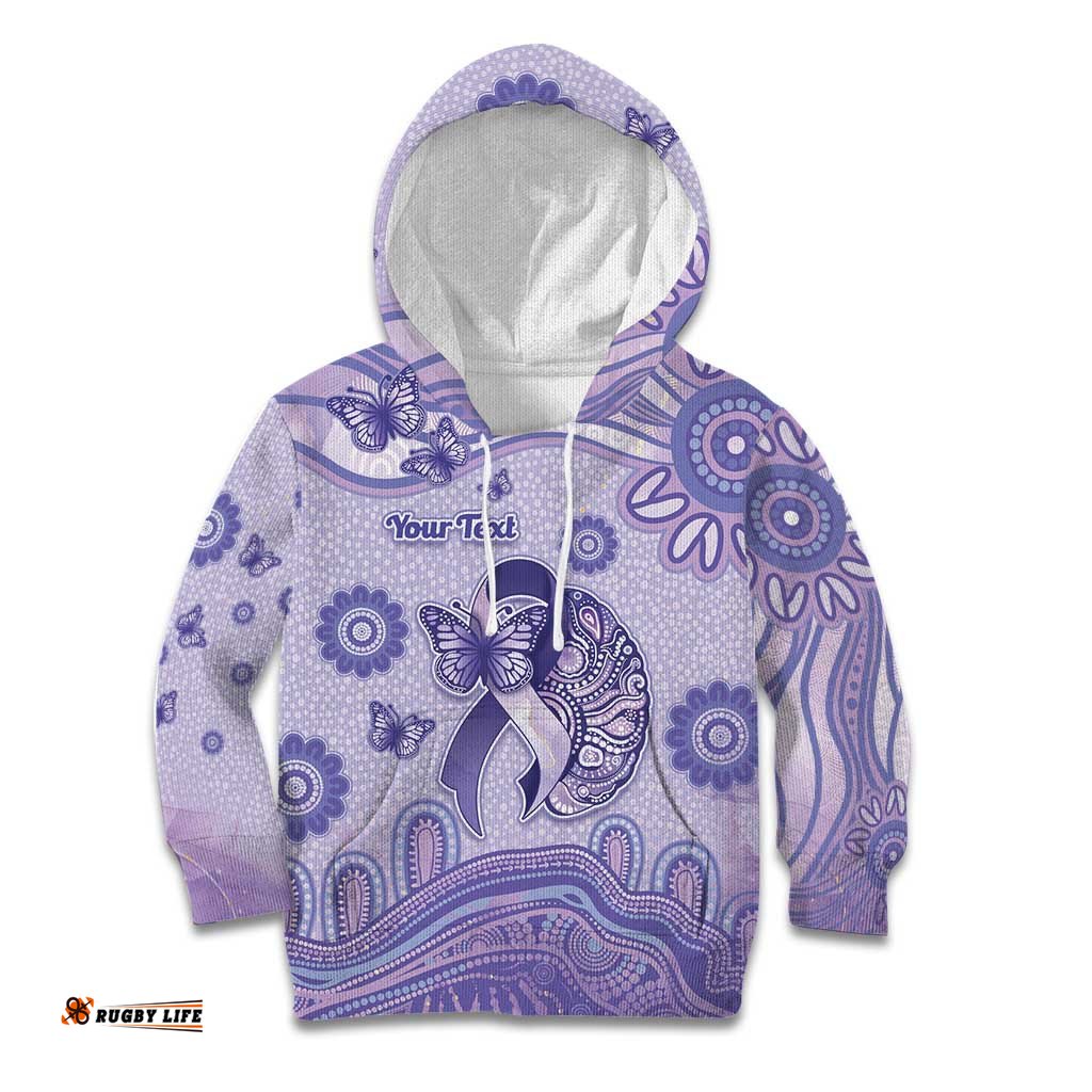 Personalised Epilepsy Awareness Kid Hoodie Purple Ribbon Butterfly And Brain Aboriginal Art DT05