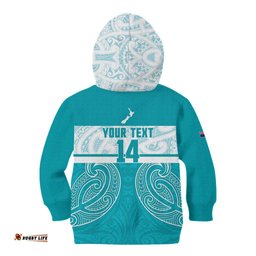 New Zealand Silver Fern Cricket Custom Kid Hoodie Black Cap Teal Maori Pattern LT14