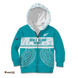 New Zealand Silver Fern Cricket Custom Kid Hoodie Black Cap Teal Maori Pattern LT14