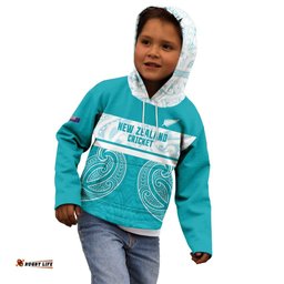 New Zealand Silver Fern Cricket Custom Kid Hoodie Black Cap Teal Maori Pattern LT14
