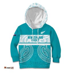 New Zealand Silver Fern Cricket Custom Kid Hoodie Black Cap Teal Maori Pattern LT14