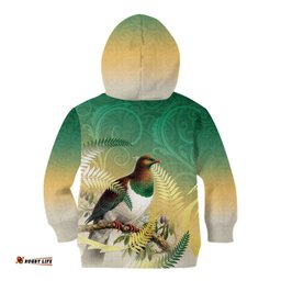 New Zealand Pigeon Kereru Kid Hoodie Maori Fern Art Green Gradient LT05
