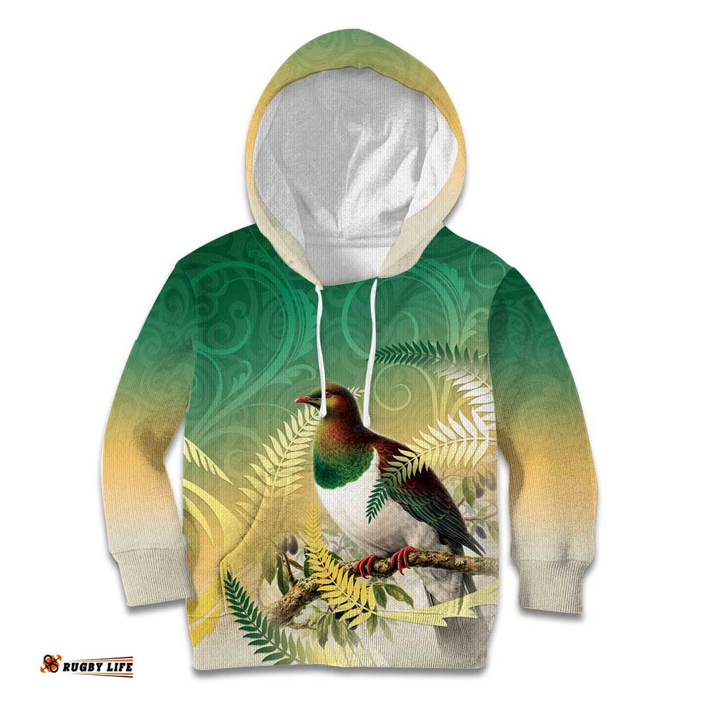 New Zealand Pigeon Kereru Kid Hoodie Maori Fern Art Green Gradient LT05