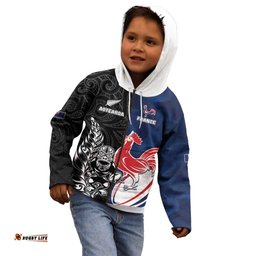 France And New Zealand Rugby Custom Kid Hoodie Les Bleus Rooster With Maori Tiki LT05