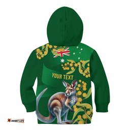 Green Kangaroo and Golden Wattle Personalised Kid Hoodie Happy Australia Day 6 January LT9