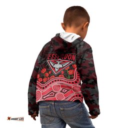 Essendon Bombers ANZAC Day Kid Hoodie Indigenous Dot Art with Poppy Flower Tribute TS04