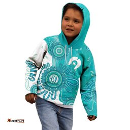 NAIDOC Week 2026 Kid Hoodie 50 Years Deadly Dhari Cyan Aboriginal Art LT14