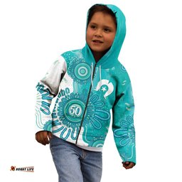 NAIDOC Week 2026 Kid Hoodie 50 Years Deadly Dhari Cyan Aboriginal Art LT14