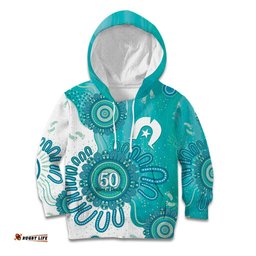 NAIDOC Week 2026 Kid Hoodie 50 Years Deadly Dhari Cyan Aboriginal Art LT14