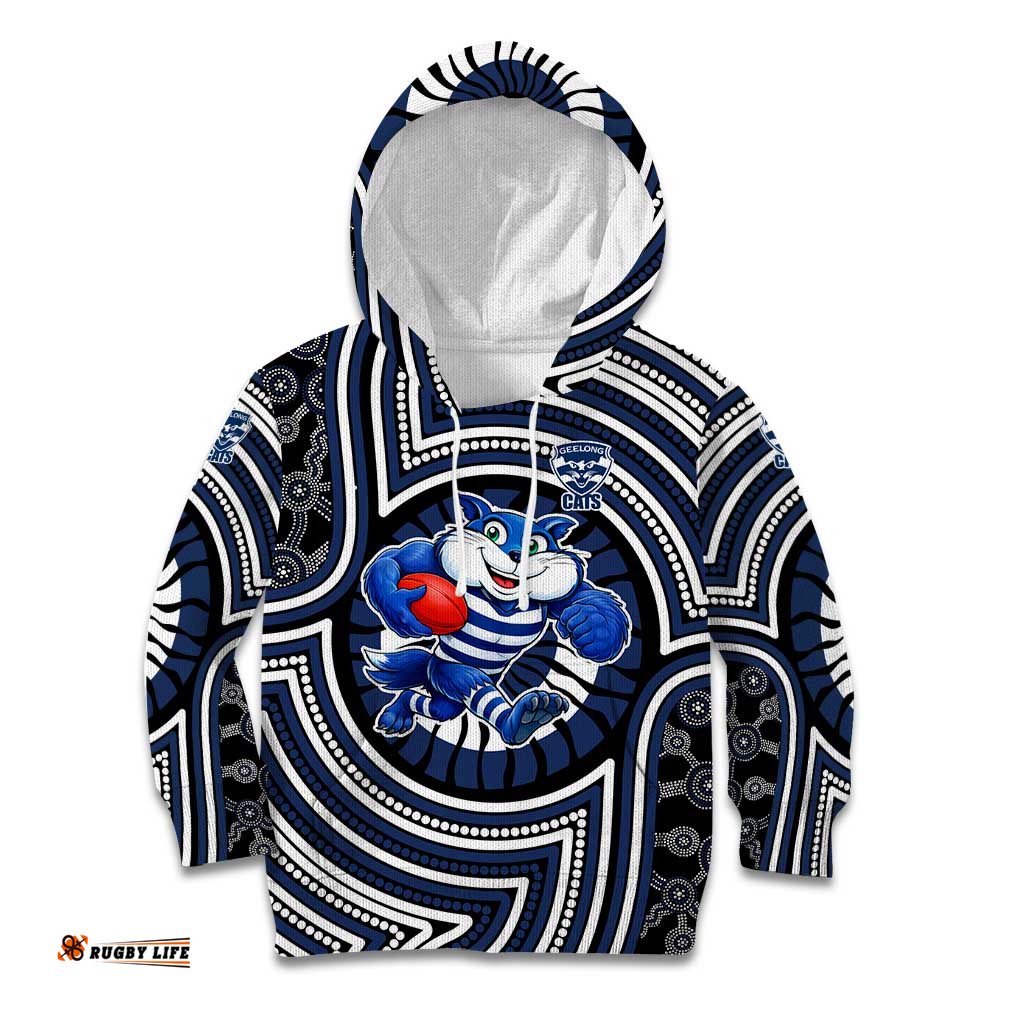 Geelong Cats Kid Hoodie Indigenous Monochrome Dot Art Mascot Style TS04