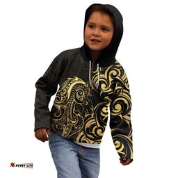 Gold And Black Aoteara Horse Racing Kid Hoodie NZ Maori Pattern LT14