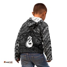 New Zealand Maori Kid Hoodie Poutama Manaia Black Paua Shell LT05
