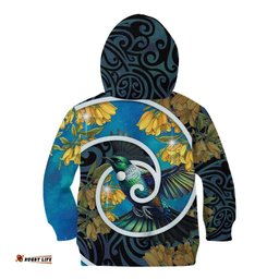New Zealand Tui Bird Kid Hoodie Maori Koru With Kowhai Flowers LT05