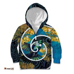 New Zealand Tui Bird Kid Hoodie Maori Koru With Kowhai Flowers LT05