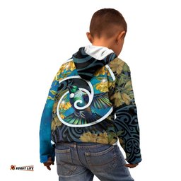 New Zealand Tui Bird Kid Hoodie Maori Koru With Kowhai Flowers LT05