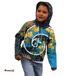 New Zealand Tui Bird Kid Hoodie Maori Koru With Kowhai Flowers LT05