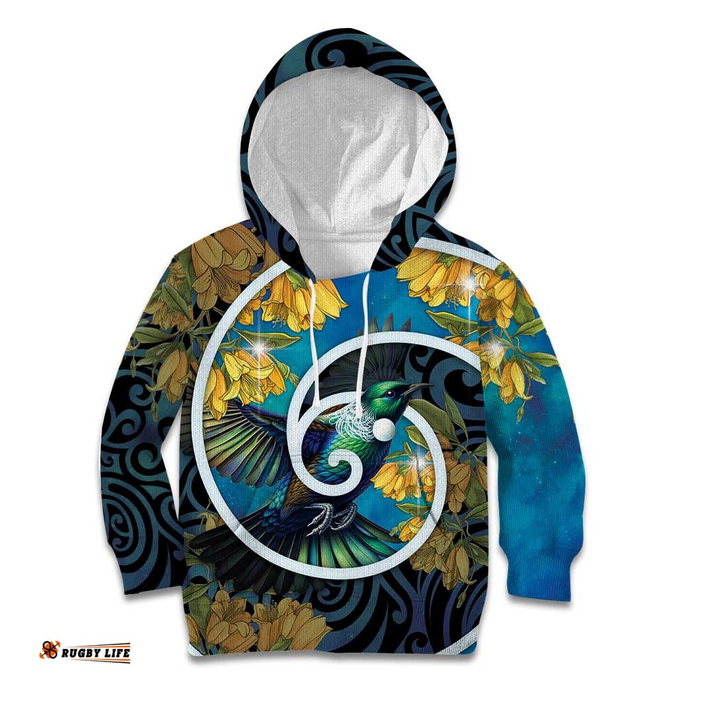 New Zealand Tui Bird Kid Hoodie Maori Koru With Kowhai Flowers LT05