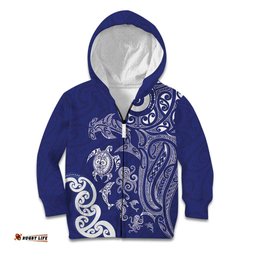 New Zealand Sea Animals with Maori Tribal Tattoo Kid Hoodie Blue Color LT03