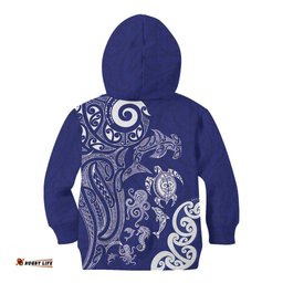 New Zealand Sea Animals with Maori Tribal Tattoo Kid Hoodie Blue Color LT03