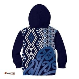 New Zealand Kid Hoodie Aotearoa Kowhaiwhai Mix Taniko Art - Blue LT14