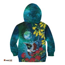 New Zealand Tui Bird Kid Hoodie Maori Koru With Pohutukawa Galaxy Style LT05