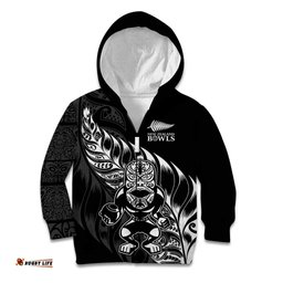 New Zealand Lawn Bowls Custom Kid Hoodie Black Maori Warrior Tribal Silver Fern LT9