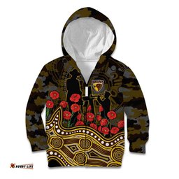 Hawthorn Hawks ANZAC Day Kid Hoodie Indigenous Dot Art with Poppy Flower Tribute TS04
