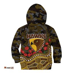 Hawthorn Hawks ANZAC Day Kid Hoodie Indigenous Dot Art with Poppy Flower Tribute TS04