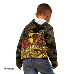 Hawthorn Hawks ANZAC Day Kid Hoodie Indigenous Dot Art with Poppy Flower Tribute TS04