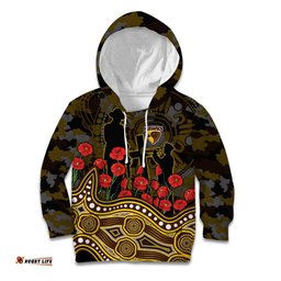 Hawthorn Hawks ANZAC Day Kid Hoodie Indigenous Dot Art with Poppy Flower Tribute TS04