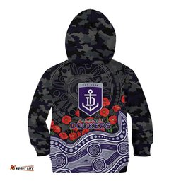 Fremantle Dockers ANZAC Day Kid Hoodie Indigenous Dot Art with Poppy Flower Tribute TS04