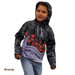 Fremantle Dockers ANZAC Day Kid Hoodie Indigenous Dot Art with Poppy Flower Tribute TS04