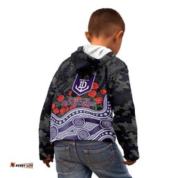 Fremantle Dockers ANZAC Day Kid Hoodie Indigenous Dot Art with Poppy Flower Tribute TS04