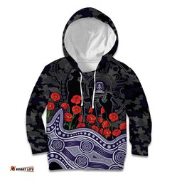 Fremantle Dockers ANZAC Day Kid Hoodie Indigenous Dot Art with Poppy Flower Tribute TS04