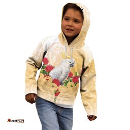 New Zealand Aotearoa Cockatoo Kid Hoodie Maori Pattern With Pohutukawa Flowers LT05