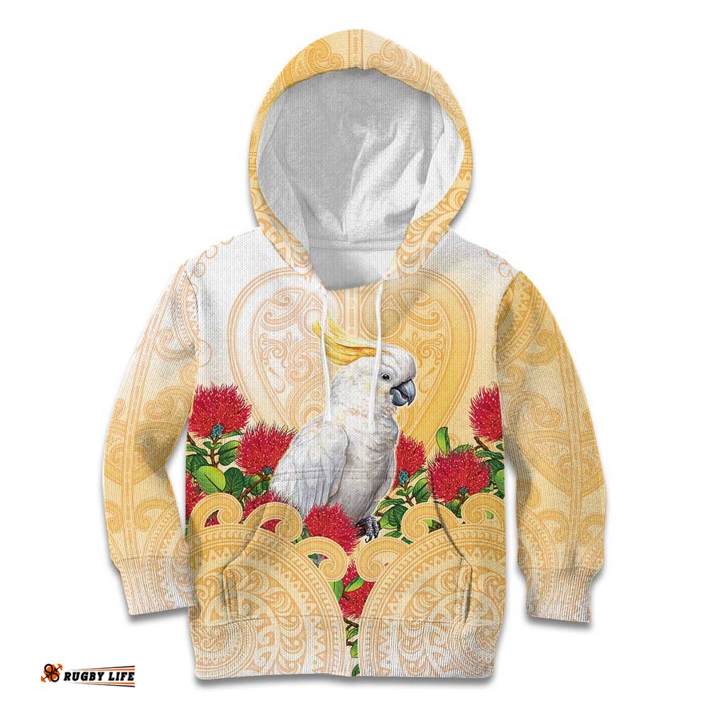 New Zealand Aotearoa Cockatoo Kid Hoodie Maori Pattern With Pohutukawa Flowers LT05