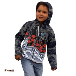 Geelong Cats ANZAC Day Kid Hoodie Indigenous Dot Art with Poppy Flower Tribute TS04