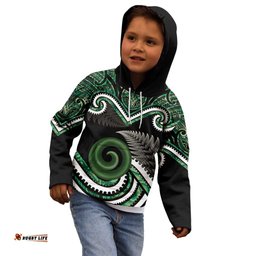 Koru Pounamu Aotearoa Kid Hoodie Maori Paua Shell Mix Silver Fern LT14