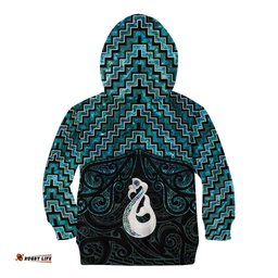 New Zealand Maori Kid Hoodie Poutama Manaia Turquoise Paua Shell LT05