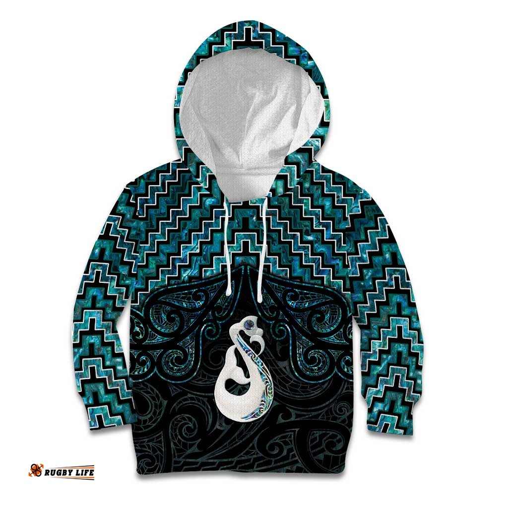 New Zealand Maori Kid Hoodie Poutama Manaia Turquoise Paua Shell LT05