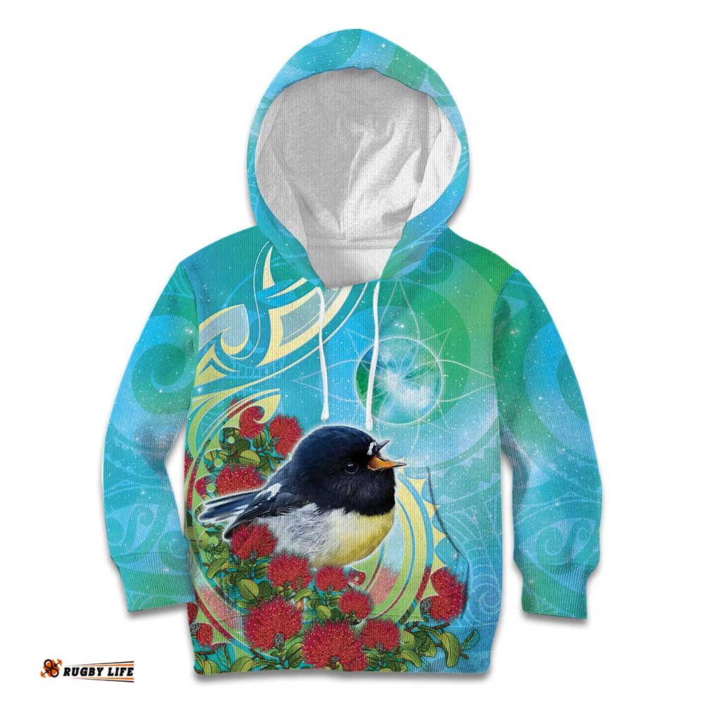 New Zealand Tomtit Kid Hoodie Maori Koru With Pohutukawa Galaxy Style LT05