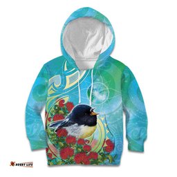 New Zealand Tomtit Kid Hoodie Maori Koru With Pohutukawa Galaxy Style LT05