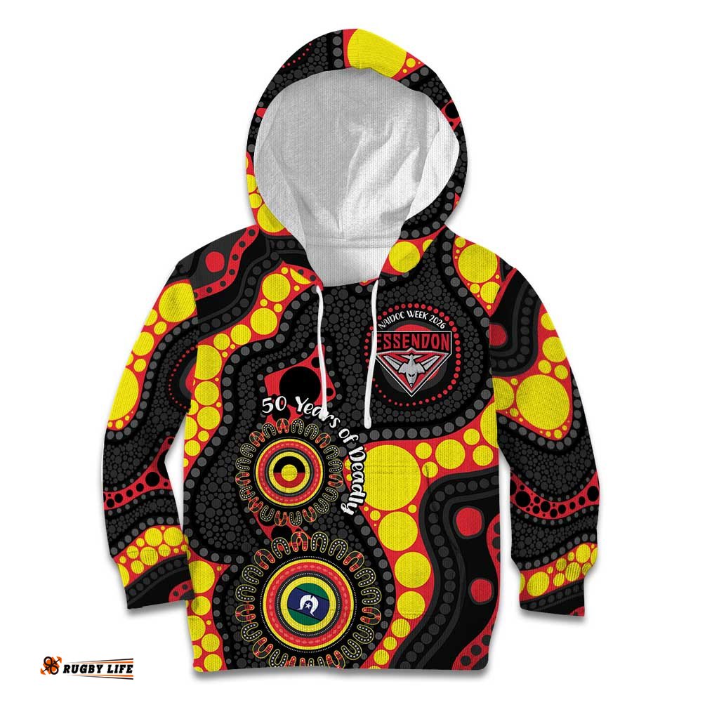 Essendon Bombers NAIDOC Week 2026 Personalised Kid Hoodie 50 Years of Deadly Aboriginal Art LT14