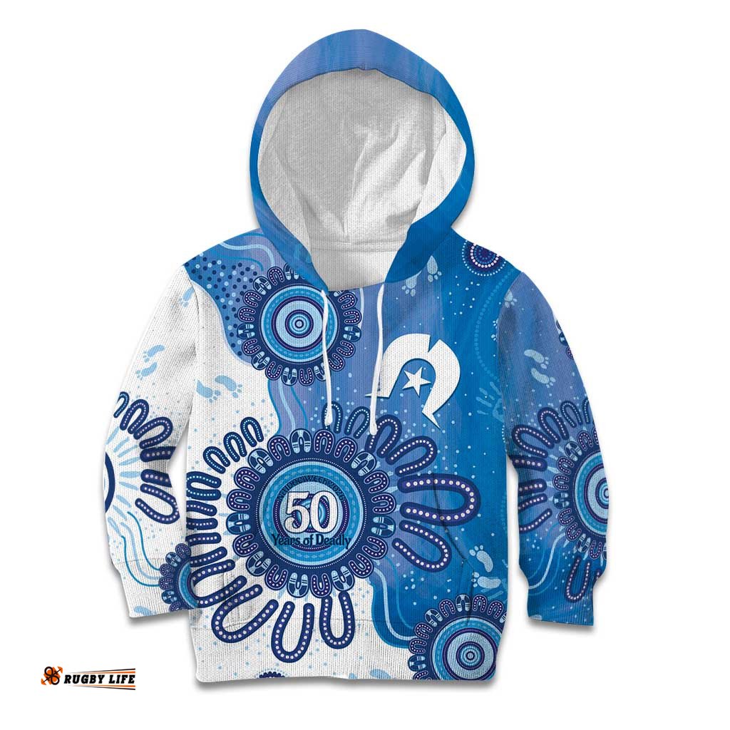 NAIDOC Week 2026 Kid Hoodie 50 Years Deadly Dhari Blue Aboriginal Art LT14